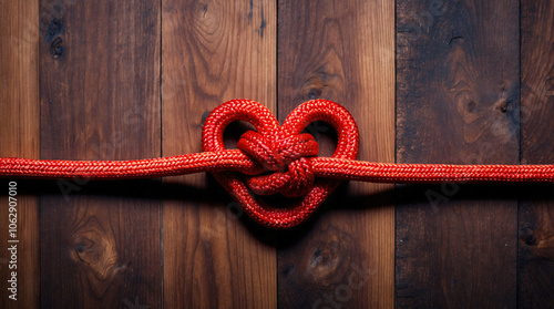 Red Rope Heart Knot on Rustic Wooden Background