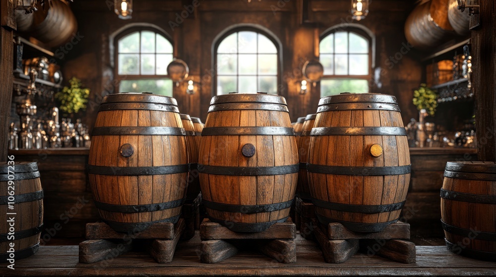 Three wooden barrels in a rustic bar setting. Three wooden barrels in a rustic bar setting.