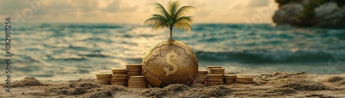 A creative depiction of a money tree growing from a coin pile on a beach, symbolizing wealth and prosperity in a serene setting. photo