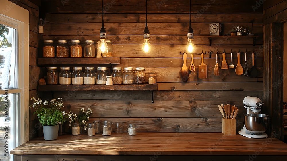 Farmhouse-style kitchen nook with pendant lighting casting a warm glow, spice rack filled with glass jars, wooden utensils on hooks, and a rustic wood backsplash for a cozy, charming vibe. --ar 16:9 Farmhouse-style kitchen nook with pendant lighting casting a warm glow, spice rack filled with glass jars, wooden utensils on hooks, and a rustic wood backsplash for a cozy, charming vibe. --ar 16:9
