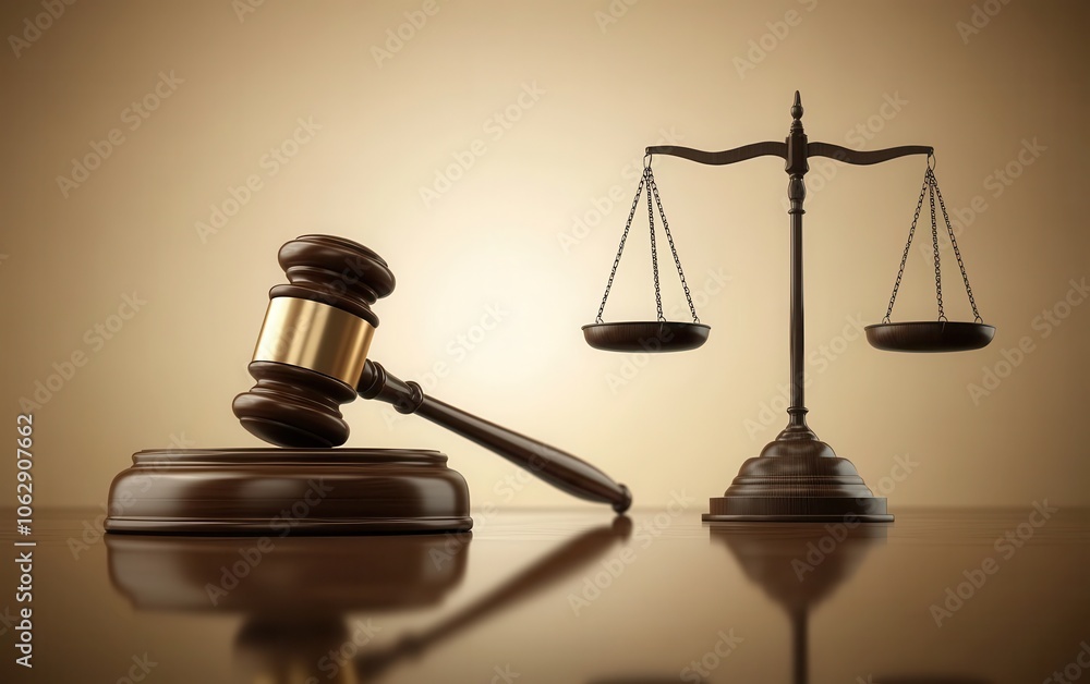 A realistic wooden gavel and balance scales resting on a polished table, with a softly blurred justice symbol in a light style in the background A realistic wooden gavel and balance scales resting on a polished table, with a softly blurred justice symbol in a light style in the background