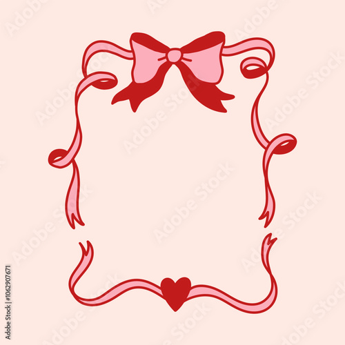 Frame of coquette pretty charming pink bows and heart. Hand drawn trendy ribbons border. Vintage bowknots frame for greeting cards, wedding, invitations, social media