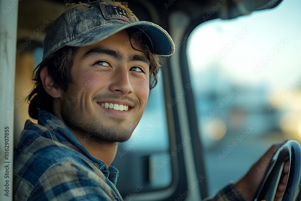 Smiling young man wearing a camo hat and plaid shirt, driving a truck. Smiling young man wearing a camo hat and plaid shirt, driving a truck.