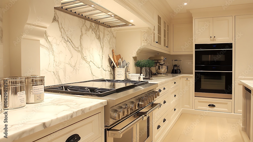 High-end marble kitchen nook with spotlight illuminating neatly arranged labeled canisters, organized pots and pans, and clean, sleek finishes, creating a modern and elegant look. --ar 16:9 High-end marble kitchen nook with spotlight illuminating neatly arranged labeled canisters, organized pots and pans, and clean, sleek finishes, creating a modern and elegant look. --ar 16:9