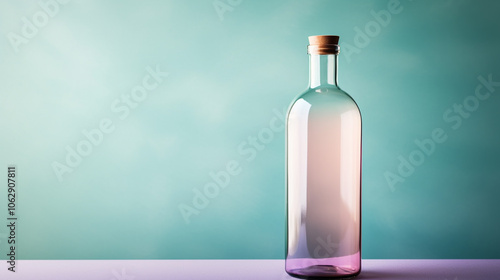 Bottle with label and glass of pink wine on a light pastel pink background. Alcoholic grape drink - mock up, branding, bottle