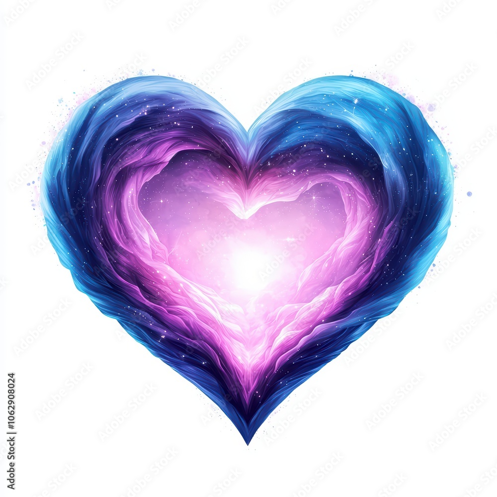 A vibrant and abstract heart shape with colorful galaxy patterns on a white isolated background. A vibrant and abstract heart shape with colorful galaxy patterns on a white isolated background.