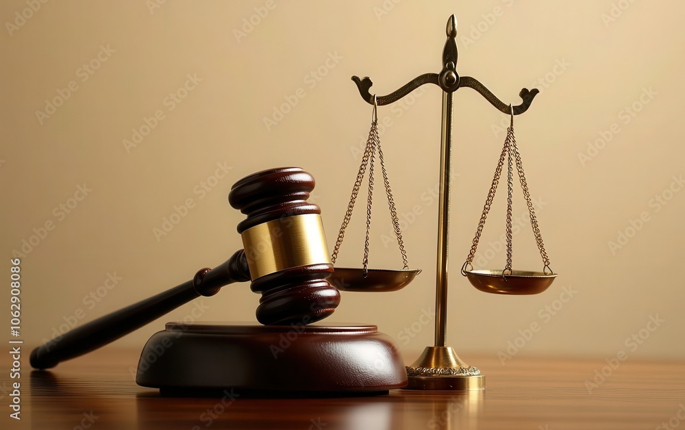 A striking portrayal of a wooden gavel and balance scales displayed on a table, complemented by a softly blurred justice symbol in the light background A striking portrayal of a wooden gavel and balance scales displayed on a table, complemented by a softly blurred justice symbol in the light background