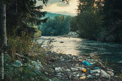 A riverbank filled with litter and garbage, with wildlife trying to survive photo