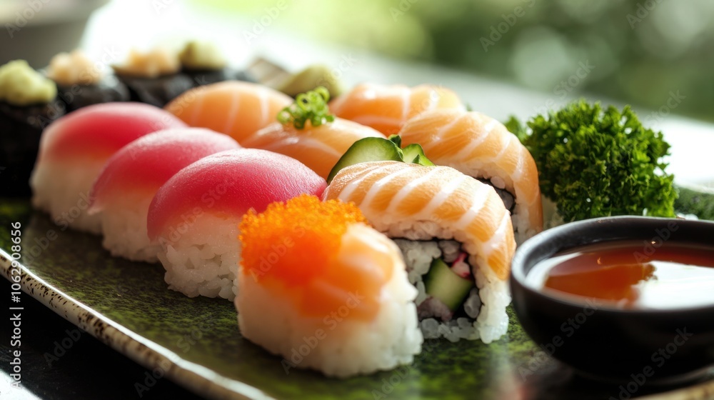 A colorful sushi presentation featuring fresh slices of fish A colorful sushi presentation featuring fresh slices of fish
