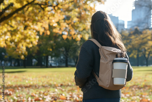 A person carrying a reusable coffee cup while walking through a park photo