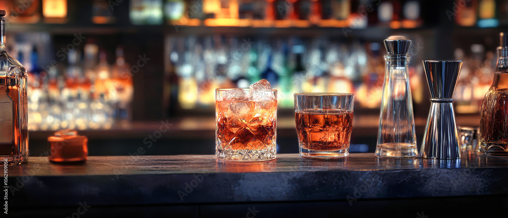 A vibrant bar counter displaying a whiskey cocktail over ice alongside various bottles and glasses in a rustic setting A vibrant bar counter displaying a whiskey cocktail over ice alongside various bottles and glasses in a rustic setting