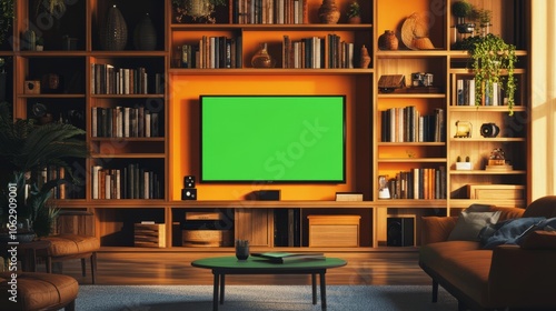 A modern entertainment center with a TV displaying a green screen, with shelves full of books and decor.