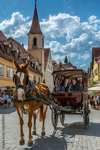 Horse-drawn carriage in a historic town square