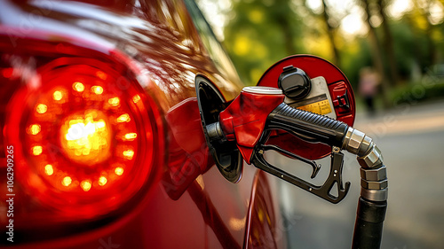 Fueling Up: A Close-Up on Car Refueling at the Gas Station. Get an up-close view of car refueling at a gas station, focusing on the essential steps involved in the process.  photo