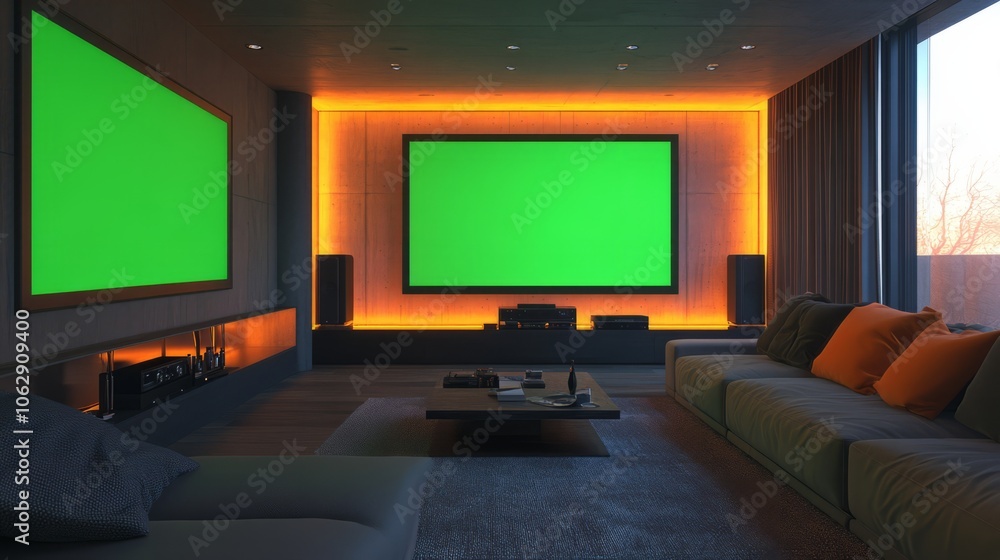 A modern home theater with a large flat-screen TV displaying a green screen, surrounded by soundproof walls. A modern home theater with a large flat-screen TV displaying a green screen, surrounded by soundproof walls.