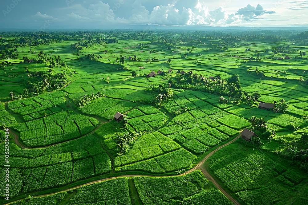 Fototapeta premium An aerial vista of vibrant green rice paddy fields stretching across the landscape.