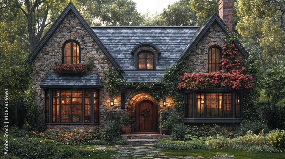 Obraz premium Cozy stone house surrounded by lush greenery and flowers.