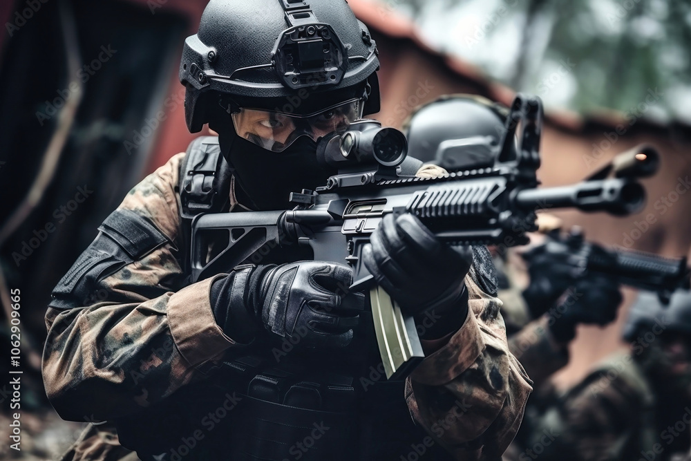 A Chinese soldier in tactical gear aims an assault rifle during a military exercise in a forested area, demonstrating precision and focus on a mission A Chinese soldier in tactical gear aims an assault rifle during a military exercise in a forested area, demonstrating precision and focus on a mission