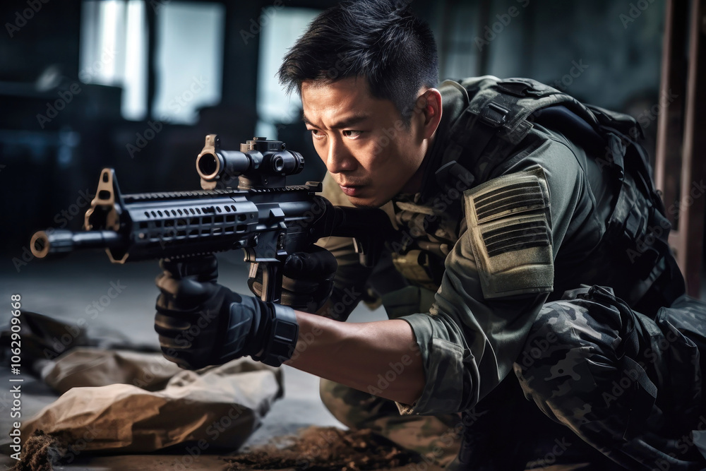 Chinese soldier training indoors, focused on marksmanship with a rifle during a tactical exercise in a dimly lit facility at dusk Chinese soldier training indoors, focused on marksmanship with a rifle during a tactical exercise in a dimly lit facility at dusk