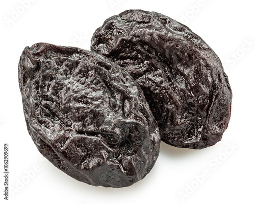 Dried prune plums or prunes isolated on white background. Clipping path.