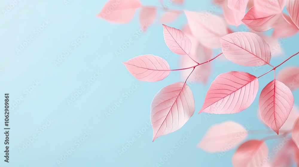 Fototapeta premium Delicate pink leaves gently swaying against a serene blue background.