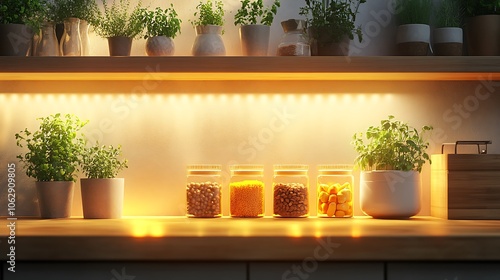 Minimalist kitchen corner with floating shelves and hidden lighting, glass jars filled with colorful ingredients, small plants arranged between jars for a modern and functional aesthetic. --ar 16:9