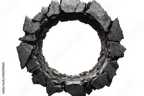 Circular piece of cracked stone with a hollow center, isolated on white background.