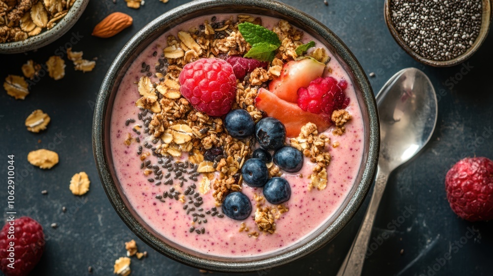A creamy smoothie bowl adorned with fresh fruit and granola A creamy smoothie bowl adorned with fresh fruit and granola
