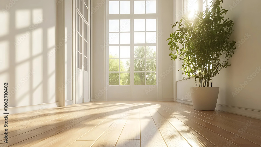 A beautifully empty white room with a classic wooden floor, enhanced by the freshness of a green potted plant. This room’s neutral color palette and natural textures create a peaceful ambiance A beautifully empty white room with a classic wooden floor, enhanced by the freshness of a green potted plant. This room’s neutral color palette and natural textures create a peaceful ambiance