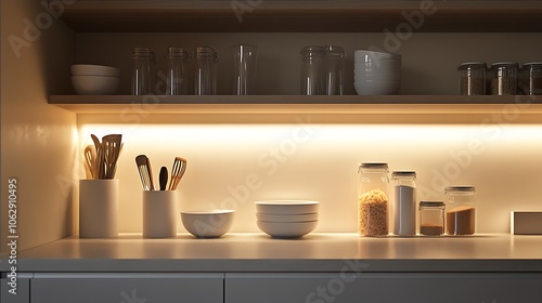 Minimalist kitchen corner with open shelving, gentle downlighting creating soft shadows, with a focus on cleanly organized glass containers, a few essential baking tools,