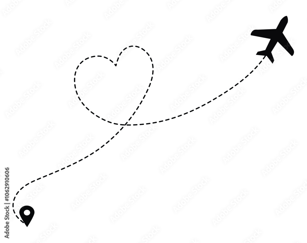 Airplane Dotted Heart Shape Route Path Icon - Love Journey Travel Symbol Airplane Dotted Heart Shape Route Path Icon - Love Journey Travel Symbol