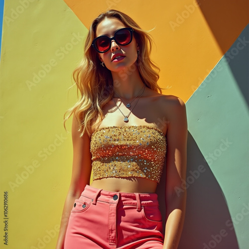 Fashion woman colorful, the bold eclectic fashion styles of the Y2K era. dressed in the latest fashion trends of the time, including chunky shoes, low-rise pants, crop tops, and oversized sunglasses photo