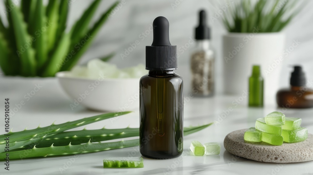 A modern skincare serum bottle placed beside fresh aloe vera and other natural ingredients A modern skincare serum bottle placed beside fresh aloe vera and other natural ingredients
