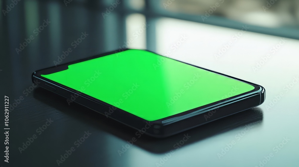 A modern smartphone with a green screen lying flat on a sleek, glossy surface. A modern smartphone with a green screen lying flat on a sleek, glossy surface.