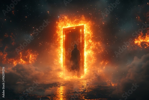 A lone figure stands before a fiery portal in a vast, starry expanse. photo