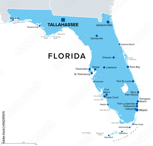 Florida, U.S. state, political map. State in the southeastern region of the United States with capital Tallahassee and largest cities. Nicknamed The Sunshine State. Isolated illustration. Vector.