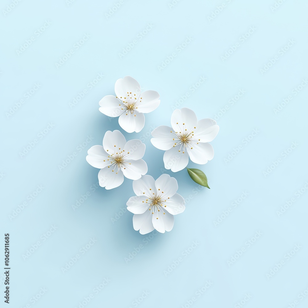 Delicate white flowers with a green leaf on a soft blue background. Delicate white flowers with a green leaf on a soft blue background.