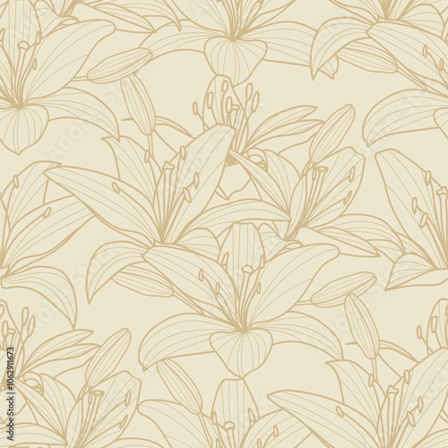 Lily vintage floral pattern, seamless repeating vector flower print, warm neutral beige, retro wallpaper tile design