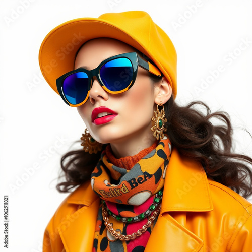 Fashion woman colorful, the bold eclectic fashion styles of the Y2K era. dressed in the latest fashion trends of the time, including chunky shoes, low-rise pants, crop tops, and oversized sunglasses photo