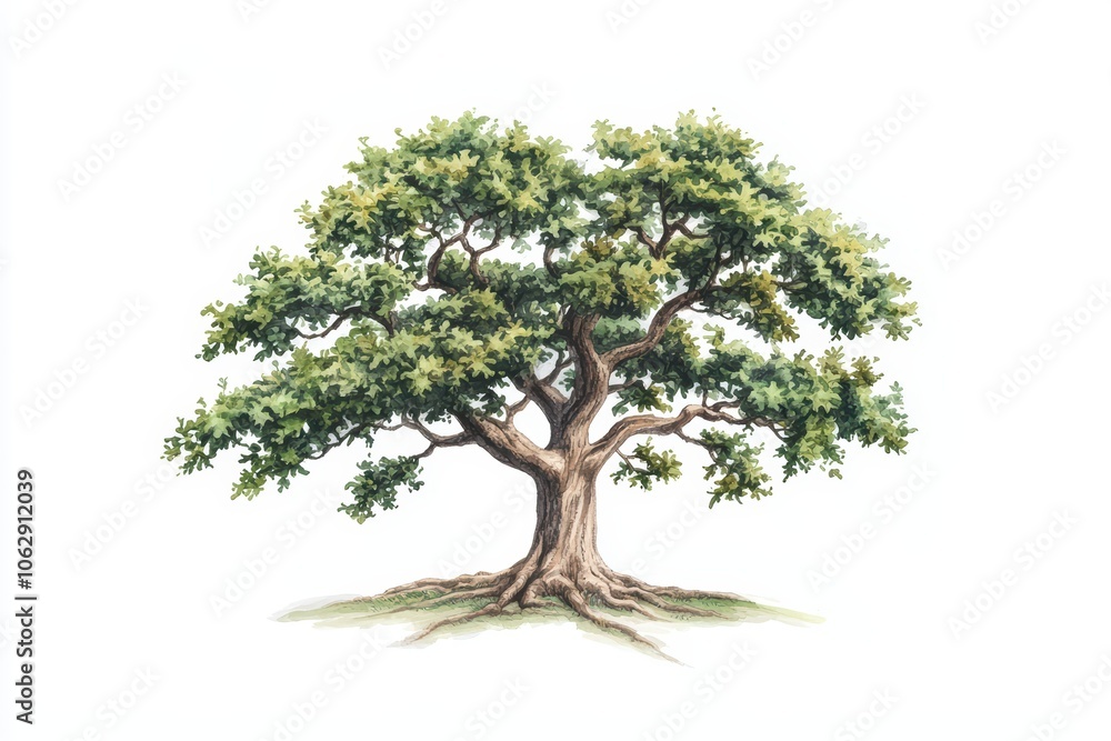 Detailed illustration of a lush green tree with a broad canopy and sturdy trunk, isolated on white background. Detailed illustration of a lush green tree with a broad canopy and sturdy trunk, isolated on white background.