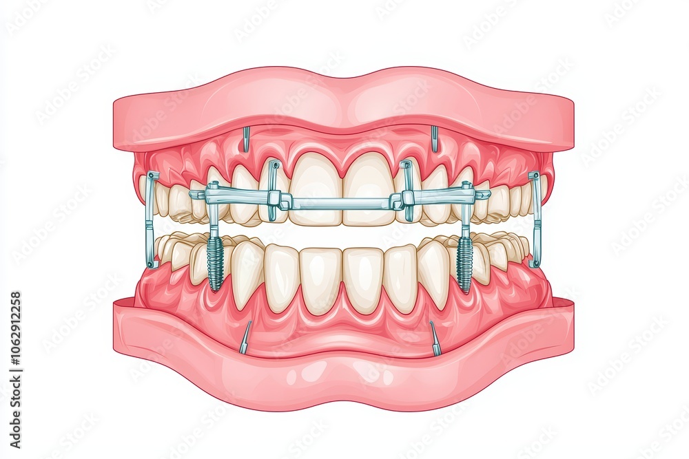 Detailed illustration of orthodontic braces on a dental model, highlighting teeth alignment and dental care. Detailed illustration of orthodontic braces on a dental model, highlighting teeth alignment and dental care.