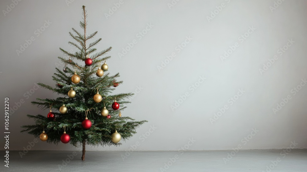 Festive Christmas Tree with Ornaments in Minimal Setting Festive Christmas Tree with Ornaments in Minimal Setting