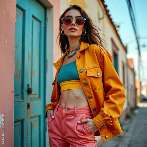 Fashion woman colorful, the bold eclectic fashion styles of the Y2K era. dressed in the latest fashion trends of the time, including chunky shoes, low-rise pants, crop tops, and oversized sunglasses photo