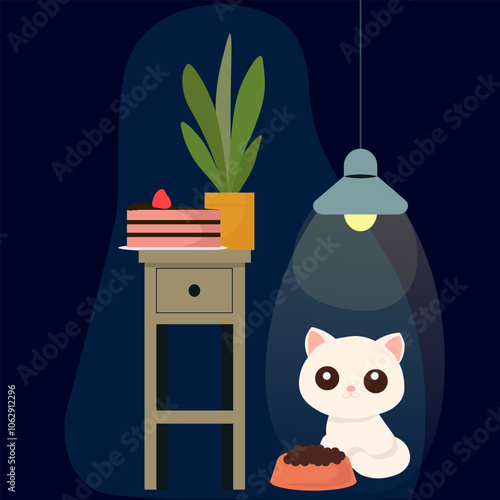 A cat is sitting in front of a table with a potted flower and a cake on it. The cat is looking at the cake and seems interested in it. A bowl of food is in front of the cat and a lamp is shining above