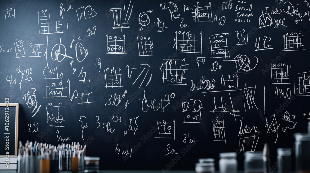Naklejka premium Classroom chalkboard filled with complex mathematical equations and diagrams in white chalk, surrounded by various chalk pieces and containers.