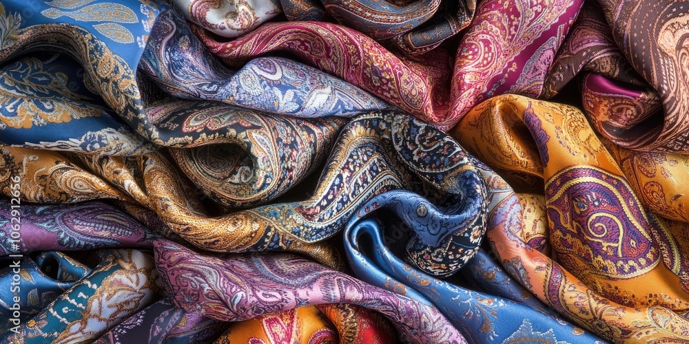 An elegant, well arranged pile of neckties featuring a paisley pattern. This stylish arrangement of paisley print neckties adds a touch of flair. An elegant, well arranged pile of neckties featuring a paisley pattern. This stylish arrangement of paisley print neckties adds a touch of flair.