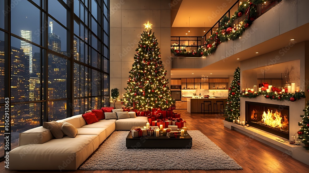 custom made wallpaper toronto digitalA modern living room decorated for Christmas with a large Christmas tree, a fireplace, and a view of the city skyline at night.