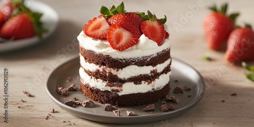 Exquisitely crafted, this mini cake features delightful layers filled with whipped cream, rich chocolate, and topped with fresh strawberries for a delicious treat. photo