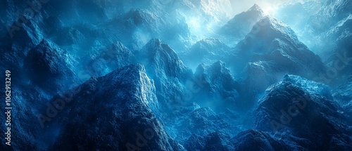 A surreal landscape of dark, jagged mountains illuminated by a mystical blue light.