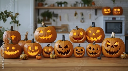 A table filled with carved pumpkins, each one featuring different spooky or funny faces, ready to be lit up for Halloween. photo